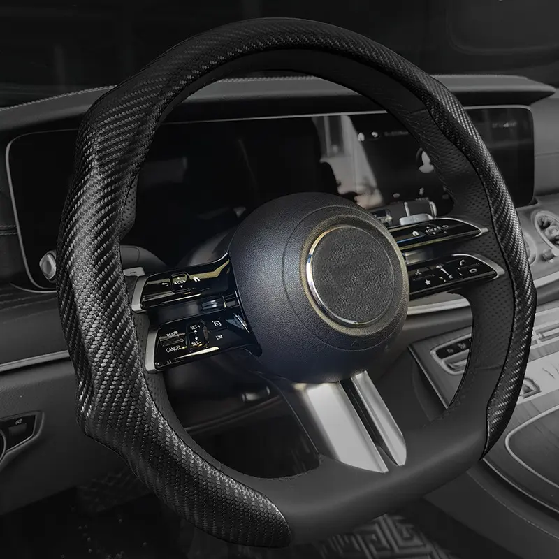 5D Steering Wheel Cover with Carbon Fiber Pattern, D Shaped Car Wheel Cover 14-16 in, Black Microfiber Leather, Carbon Fiber Black