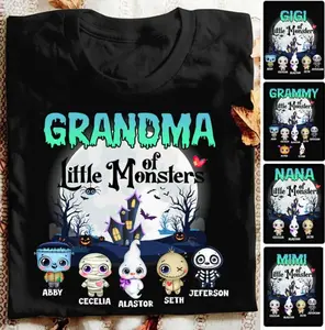 Personalized Grandma Little Of Monsters Halloween Shirt, Halloween Grandma Shirt, Chibi Horror Characters, Halloween Gifts