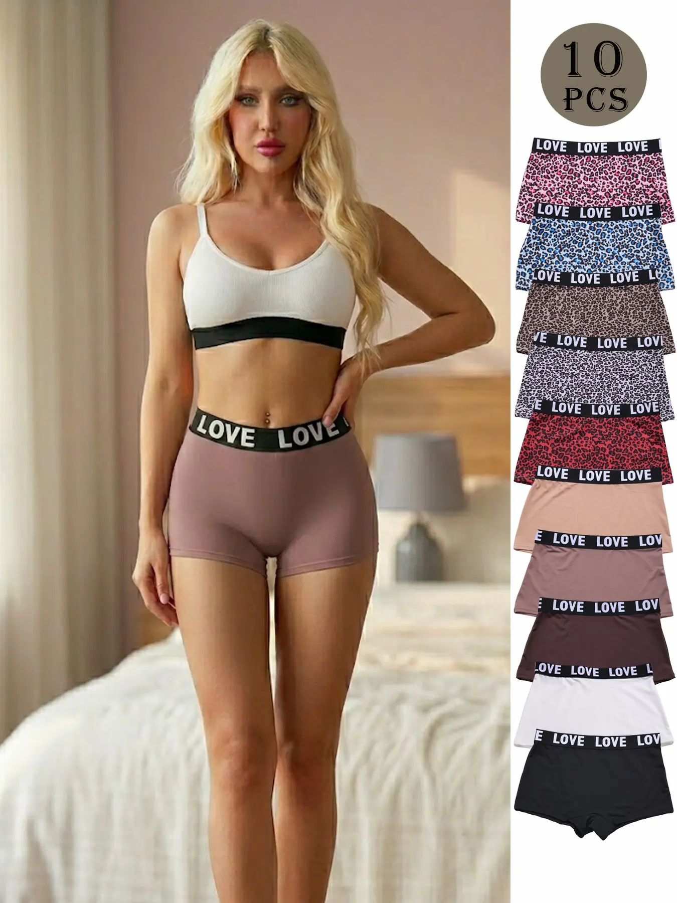 Women's Letter Leopard Print Solid Color Comfortable Boxer Briefs, 10 Pack, Casual Fitted Underwear, All Seasons, Plain Pattern, Stretchy Panties, Fashion Comfy Underwear