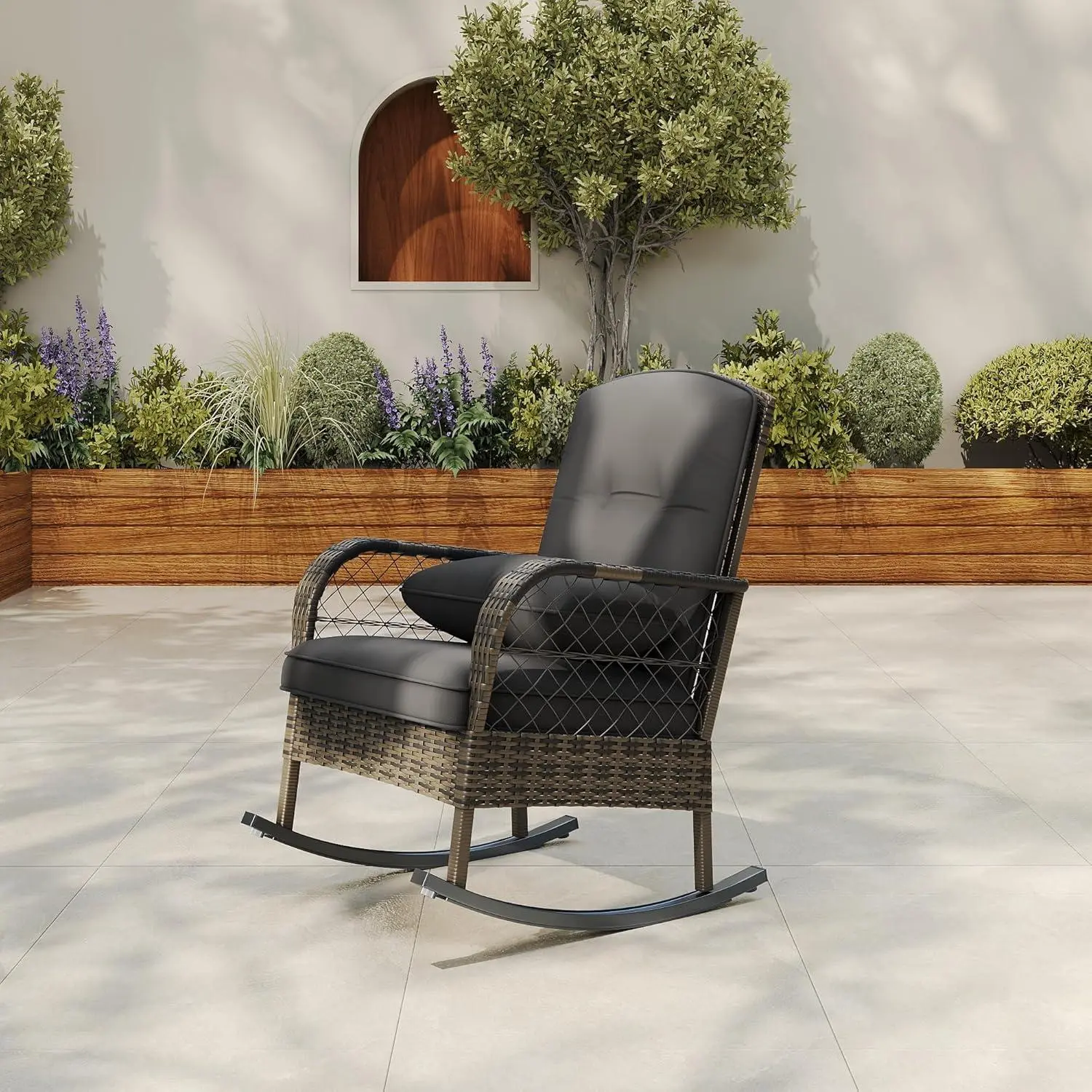Single-Person Outdoor Wicker Rocking Chair - High-Back Seat, Thick Grey Cushion, Ergonomic Steel Frame, Handwoven Look Rattan Weave Brown Rattan for Garden, Porch