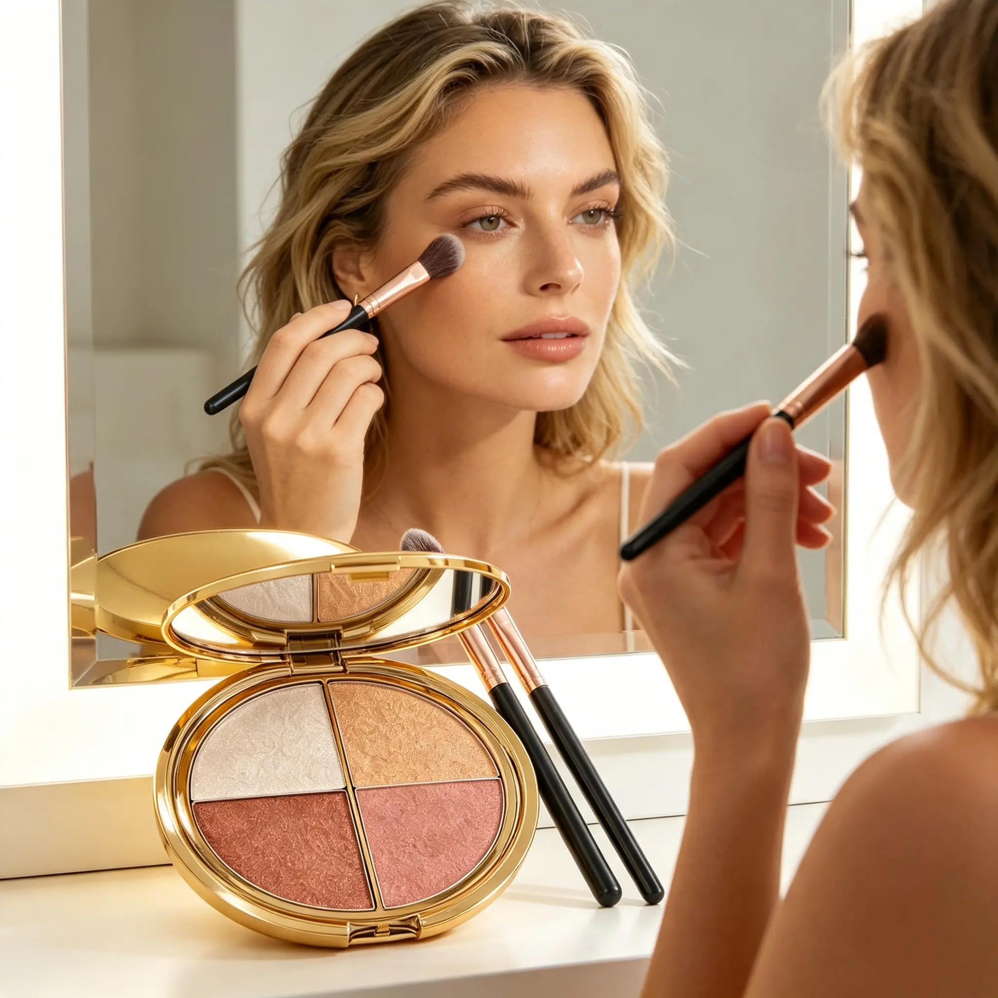 Women's Highlighter & CheekPaletteGlowjiuHighlighter&Cheek Palette with Brush, a 4-in-1Multi-FunctionalMakeupPalette S forHighlighter,Eyeshadow,Blush, Contouring, andFoundation