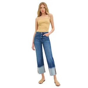 Risen Mid Rise Wide Leg Cuffed Jeans -Style PWC21289