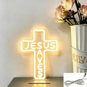 Jesus Saves Cross Shaped Decorative Light, Prayer Church Christian Bedroom Lamp, USB Powered, Adjustable Brightness, Wall Mountable, Religious Home Decor