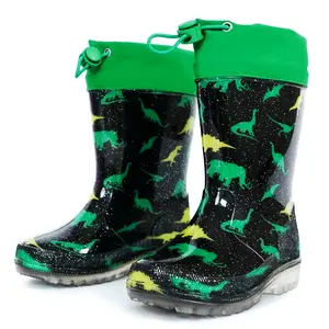 Children's rain boots, with reinforced drawstring waterproofing, stylish design, soft and breathable sole, strong dirt-resistance and rebounding ability, green dinosaur print, suitable for boys and girls, for outdoor rainy days, camping school, as a gift