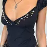 Women's Bohemian Chic Floral Embroidery V Neck T-Shirt, Y2K Vintage Short Sleeve Top, Casual Summer Top, Fashionable Retro Design, Comfortable Fit, Casual Summer Style, Womenswear