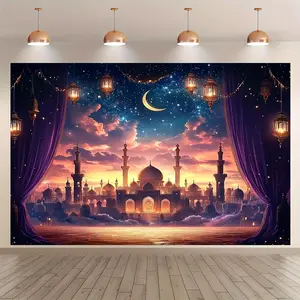 1pc Moroccan Palace Arabian Nights Wall Mural Backdrop - Islamic Architecture Party Decor with Deep Purple, Golden, Blue, Brown & Turquoise - Durable Polyester Fabric for Birthday, New Year, Ramadan, Eid, Themed Events - Middle Eastern Home