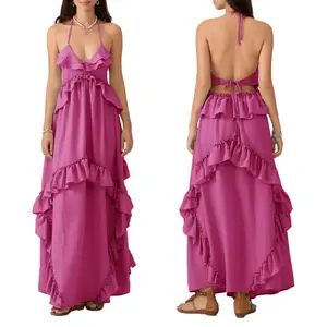Women Long Dress, Sleeveless Halter Dress Backless Ruffled Summer Swing Dress for Vacation Beach,summervibes