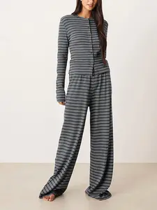 Women's Striped Long Sleeve Set, Spring & Fall Fashion, Wide Leg Loose Casual, Versatile and Stylish, 2 Piece Set