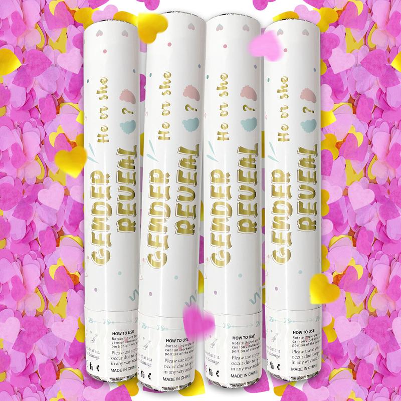 Gender Reveal Confetti Cannon - Biodegradable Heart Shaped Confetti Party Poppers - Pink, 4 Pack - Baby Girl Gender Reveal Party Poppers Cannons Shooters Blaster