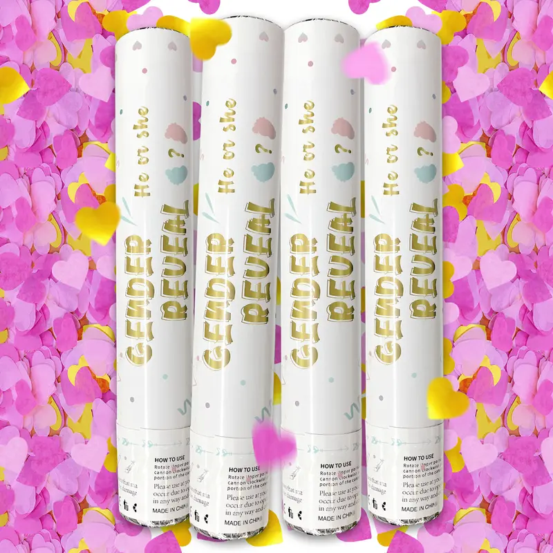 Gender Reveal Confetti Cannon - Biodegradable Heart Shaped Confetti Party Poppers - Pink, 4 Pack - Baby Girl Gender Reveal Party Poppers Cannons Shooters Blaster