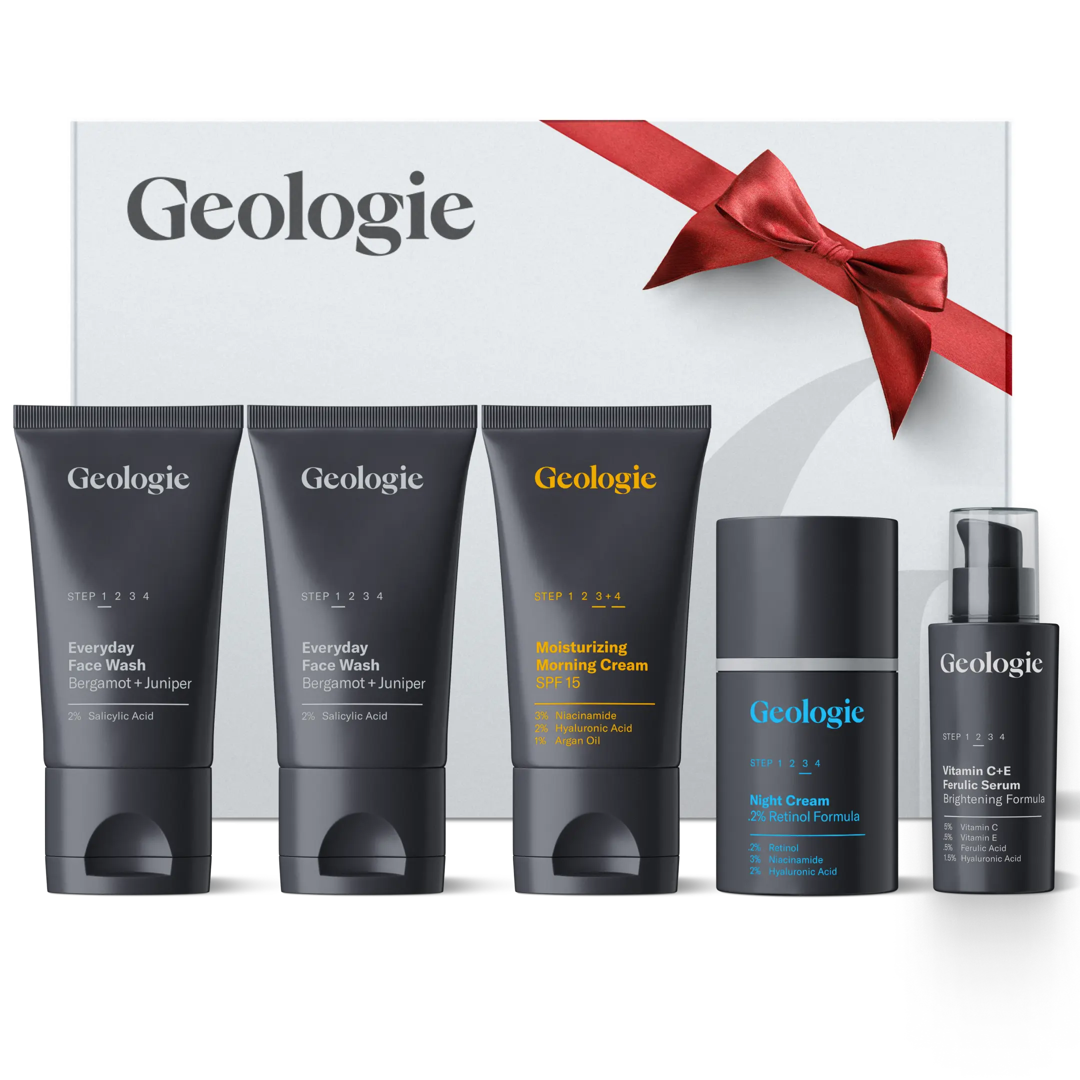 Geologie Hero Skincare Gift Set - Daily Brightening Serum, Exfoliating Face Wash 2-Pack, Moisturizing SPF Cream & Skin Repair - Retinol