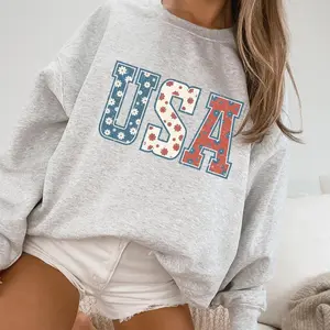 American retro floral sweatshirt, vintage aesthetic style, distressed letter print, unisex crew neck patriotic pullover.