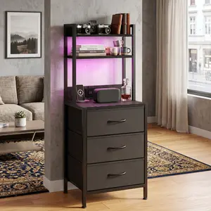 41 Inch Tall LED Nightstand with Charging Station, 3 Drawers Fabric Bedside Table with USB Port & Power Socket, Multifunctional Night Stand Storage Cabinet, Side End Table Bookshelf for Bedroom Living Room Office Black White Rustic Brown
