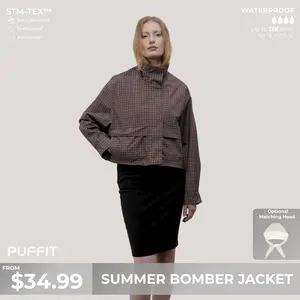 PUFFIT Effortless Style Stand Collar Bomber Jacket With Adjustable Hem,High Neck Zip-Up Casual Outerwear,Stain Resistant,Windproof,Women's Rain Jacket,Breathable Stylish,Inner Pocket Design,Outdoor Sport,Spring Summer Jacket