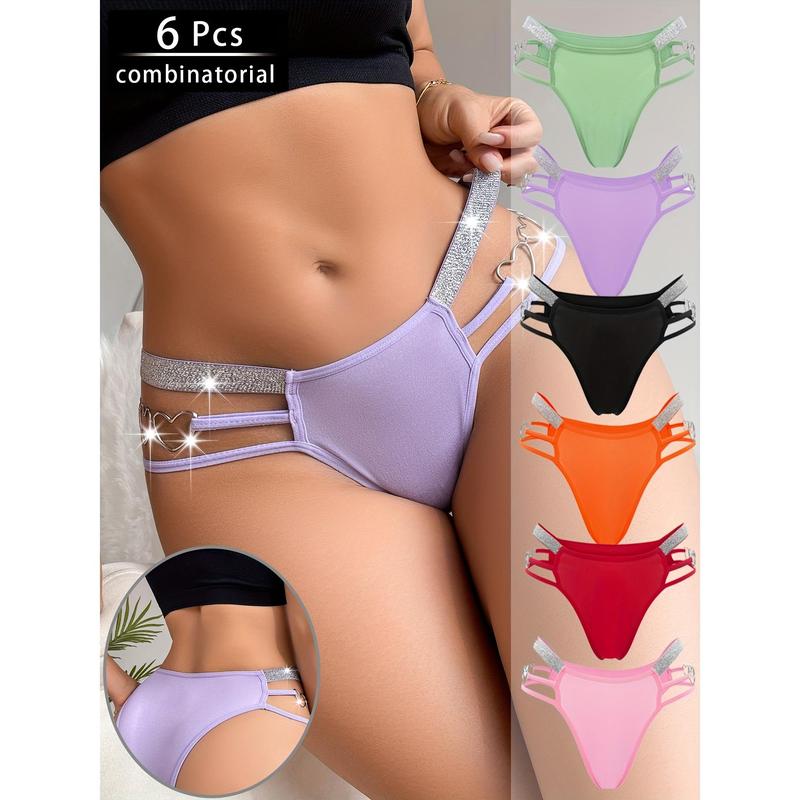 6 Pack Women's Sexy Heart-Shaped Chain Bikini Panties - Mixed Colors, Fashionable Soft Breathable Nylon Blend, Mature Elegant Low-Waist Design, Suitable for Parties and Romantic Dates Swim Knicker
