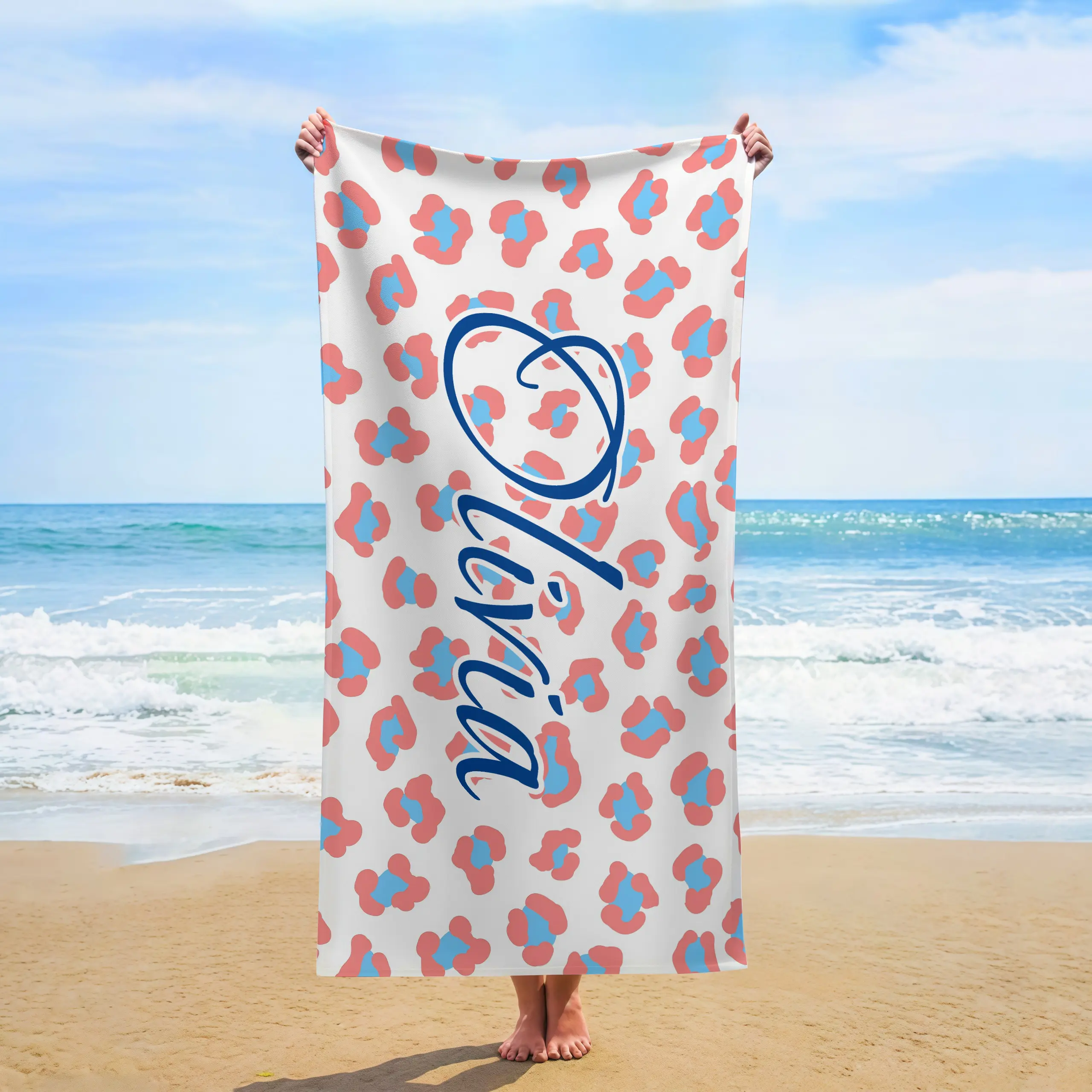 Custom Name Pink Blue Leopard Beach & Bath Towel, Personalized Sweet Cheetah Quick-Dry Hand Towel, Summer Vacation Gift