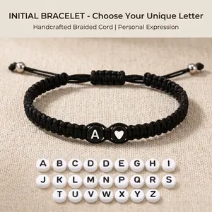 Initial Heart Bracelet - 26 Alphabet Braided Adjustable Bracelet for Women, Men, Teen Girls and Boys Jewelry Love  26 Letter Initial Heart Bracelet for Women Men, Black Braided Adjustable Couple Bracelet, Matching Love Jewelry Gift