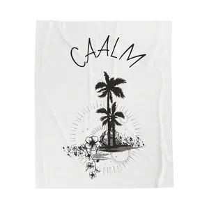 Calm Palm Tree Beach Scene Velveteen Plush Blanket | Tropical Hibiscus Throw