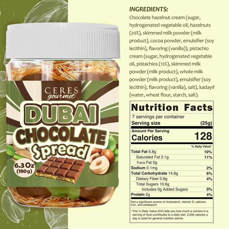Dubai Chocolate Spread – 6.35 oz Jar with Pistachio, Kataifi & Gourmet Dubai Chocolate Filling for Pancakes, Breakfast, Snacks, and Desserts
