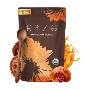1P-RYZE SUPERFOODS Mushroom Medium Roast Coffee USDA Organic with 6 Adaptogenic Mushrooms, USA Grown Instant Coffee for Better Energy, Focus Digestion Immunity with Lions Mane & Turkey Tail 30 Servings Natural Vitamin Dietary Supplement