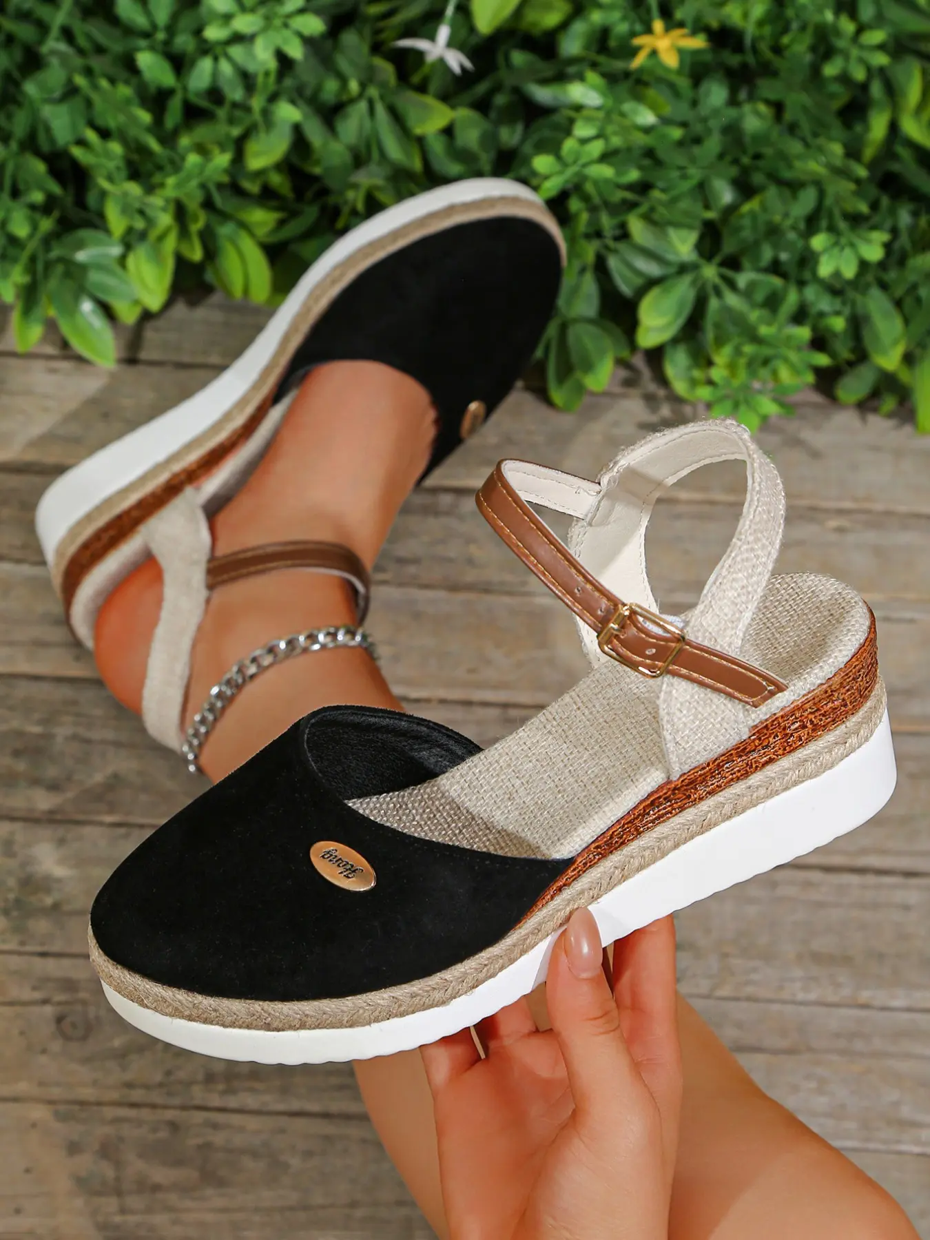 Vintage Velvet Wedge Sandals, Hemp Braided Thick Sole, Buckle and Chain Decor, Unique Fashion Style, Casual Summer Sandals, Fancy Sandals, Embellished Sandals