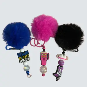Pom Pom Keychain Bar with Colorful Faux Fur Poms and Unique Charms for Accessories