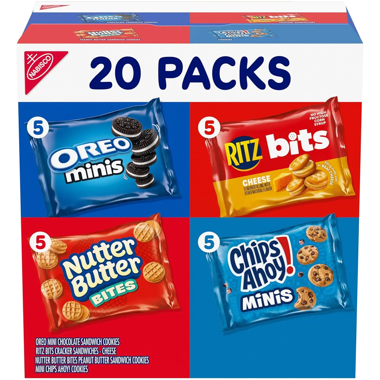 Nabisco Snacks Variety Pack, 4 Flavors, Cookies & Crackers, 20 Snack Packs | OREO Minis, NUTTER BUTTER Bites, CHIPS AHOY! Minis Cookies, and RITZ Bits Cheese Sandwich Crackers, Individually Wrapped