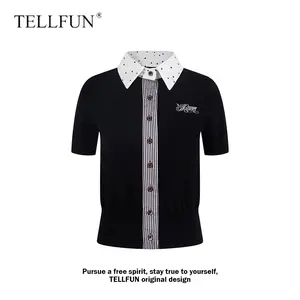 Y2K Retro Women's Patchwork Knit Polo Top Polka Dot Collar Striped Panel Short Sleeve Vintage Streetwear Blouse