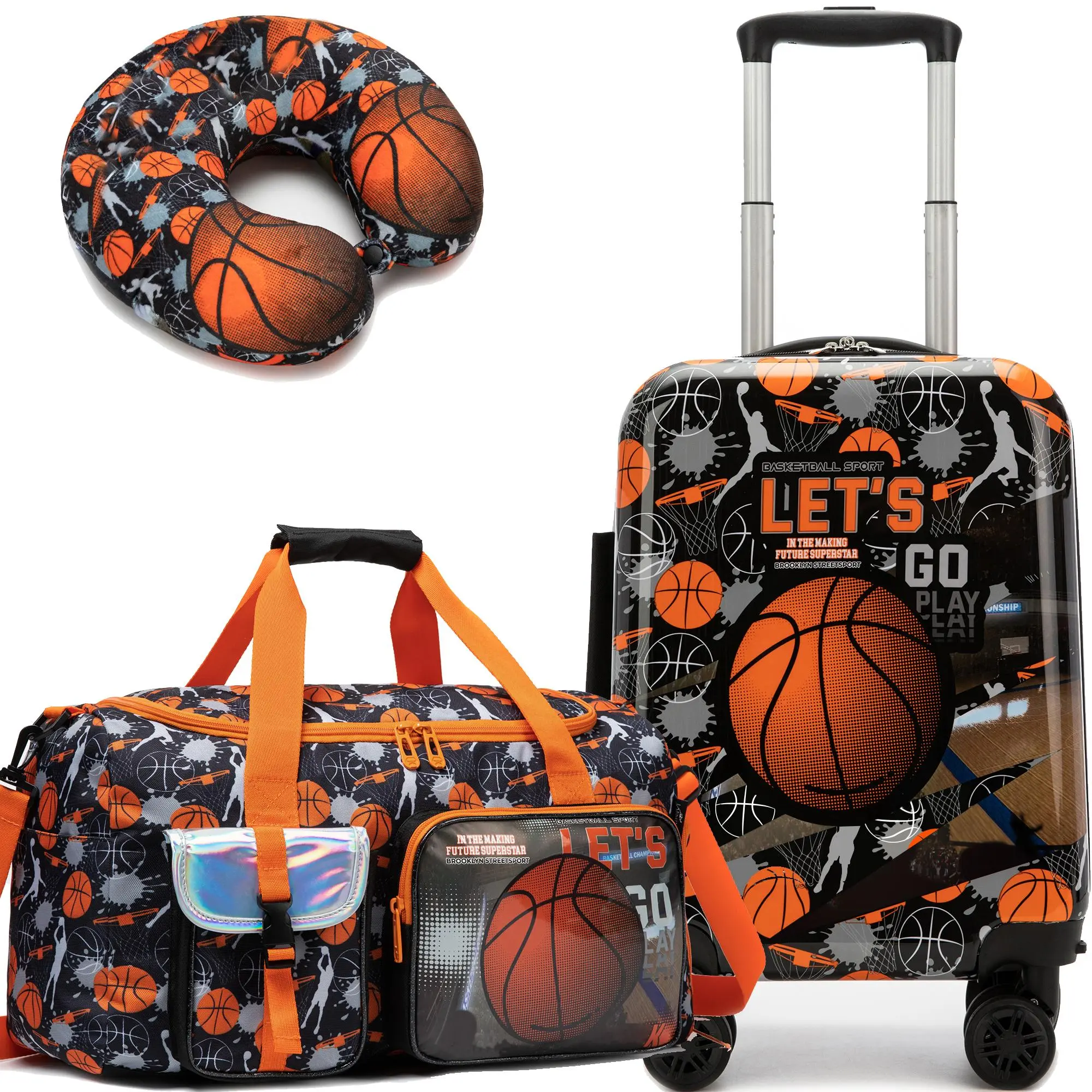 Boys' 3-Piece Chic Street Style Basketball Hardshell Luggage Set - Orange & Black Zip Graphic Sports Travel Duffel, Spinner Wheels Suitcase, Matching U-Shaped Neck Pillow with Impact Abs, Duffel Bag, Back To School Haul, Synthetic, Dual Spinners, Accessor