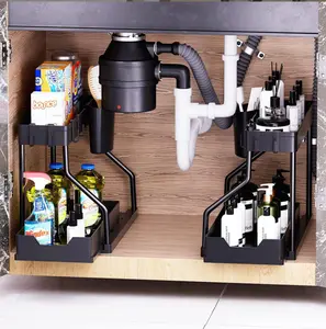 Under Sink 2-Tier Sliding Organizer with Frame Pull-Out Storage Basket Space-Saving for Kitchen Bathroom Laundry Room Sturdy Metal Frame Smooth Sliding Mechanism Adjustable Acrylic Straw Holder blade stand cork hat cabinet