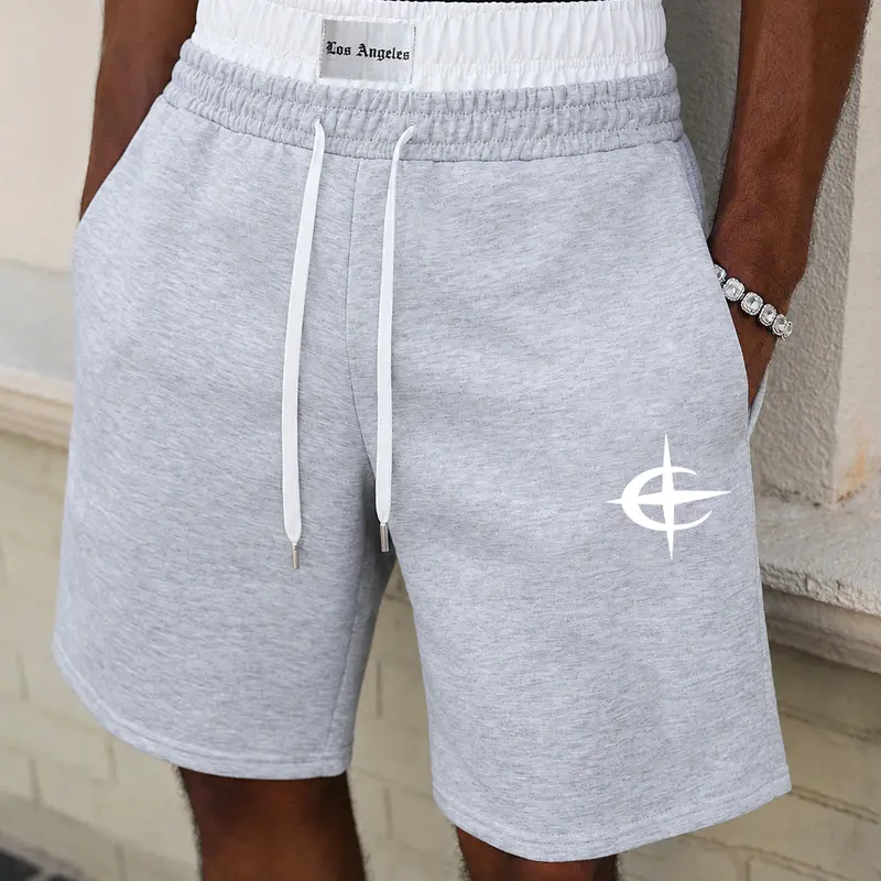 Men's Polyester Fashion Streetwear Drawstring Sports Shorts - Elastic Sporty Faux Layered Contrast Double Waistband, Baggy Loose-Fit Knee-Length Star Print Bottoms for Gym, Daily Wear, Elastic Sporty Shorts