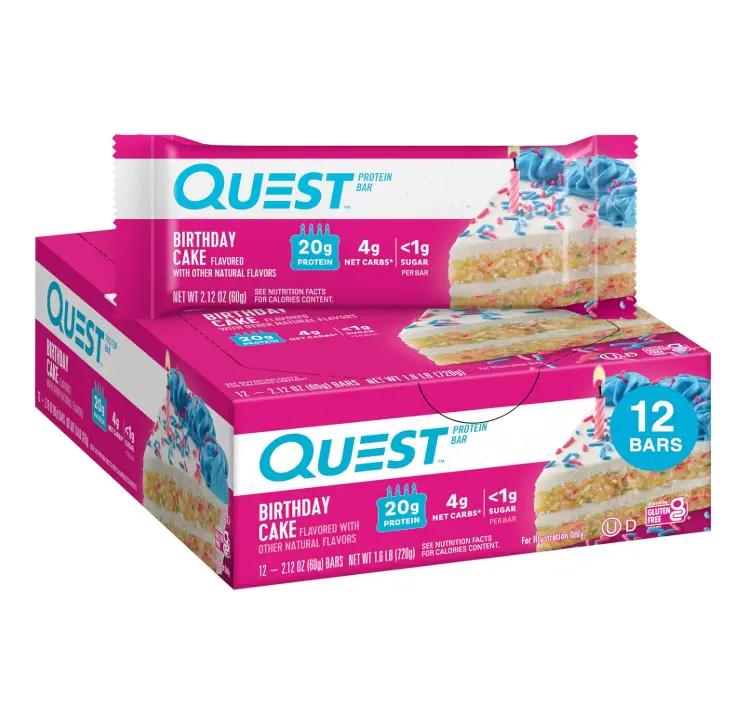 Quest Nutrition Birthday Cake Protein Bars, 20g Protein, 1g Sugar, 4g Net Carbs, Gluten Free, Keto Friendly, 12 Count