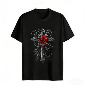 Elegant Rose And Cross Design Women's Graphic Tee Casual Fashion Look Cotton Material Regular Fit Crew Neck Short Sleeve Gothic Style T-Shirt For Everyday Wear