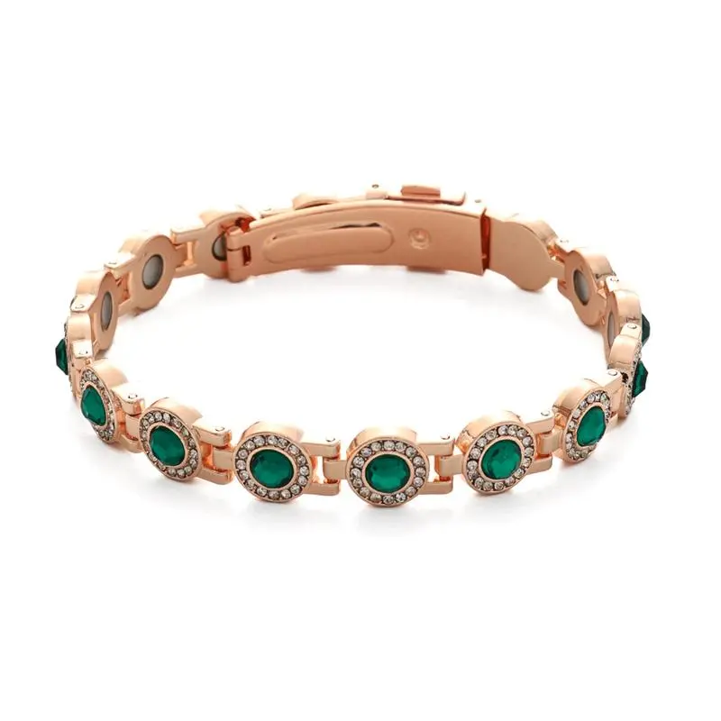 Women's Exquisite Costume Jewelry Adjustable Bling Bracelet - Rose Gold Tone, Emerald-Green Oval Stones, Crystal Halo, Magnetic Link Design with Secure Clasp summerwins
