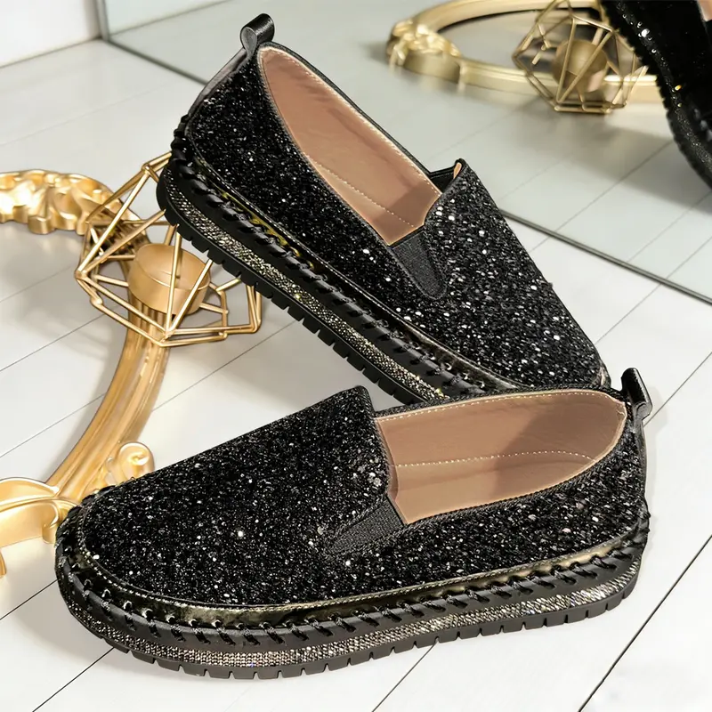 DEQIN Women's Stylish Sequined Slip-On Platform Flats - Casual Autumn Fashion Footwear with Unique Design
