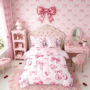 Girls Pink Cherry Bow Comforter Set with Sheets,Dreamy Princess Pink Bows Bed in A Bag for Kids Teens Women Kawaii Room Decor,Cute Bow Tie 7 Pcs Bedding Set,Bowknot Bed Sets