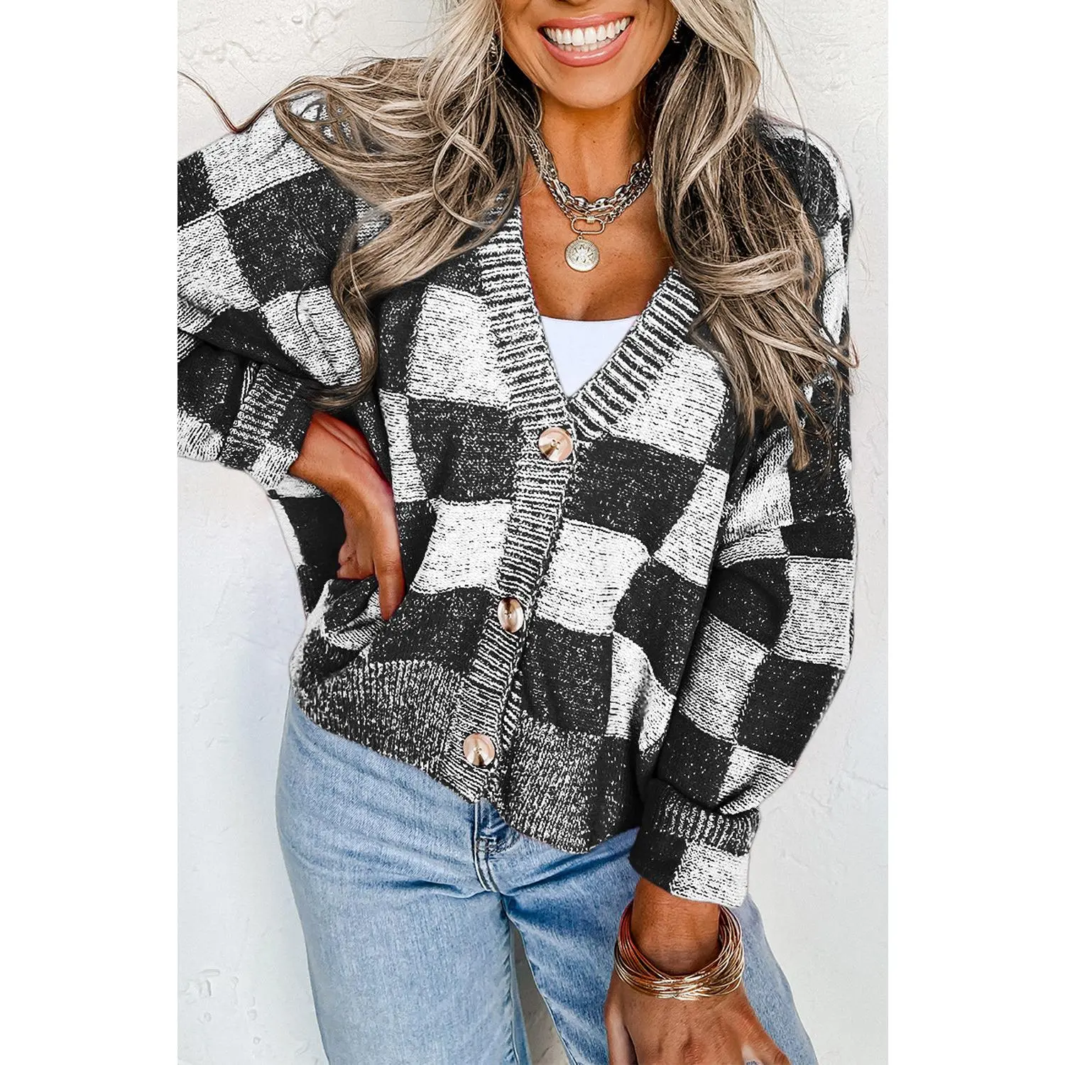 Black Checkered Drop Shoulder Buttoned V Neck Cardigan