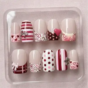 Valentine Sweetheart French Nails, 3D Ribbon Bow, Pink Heart, Red Striped Press On Nails