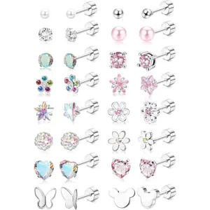 16 Pairs  Screw  Earrings for Women Girls 316L Stainless Steel CZ Ball Heart Flower Screwback Flat  Stud Earrings   Women Multicolored
