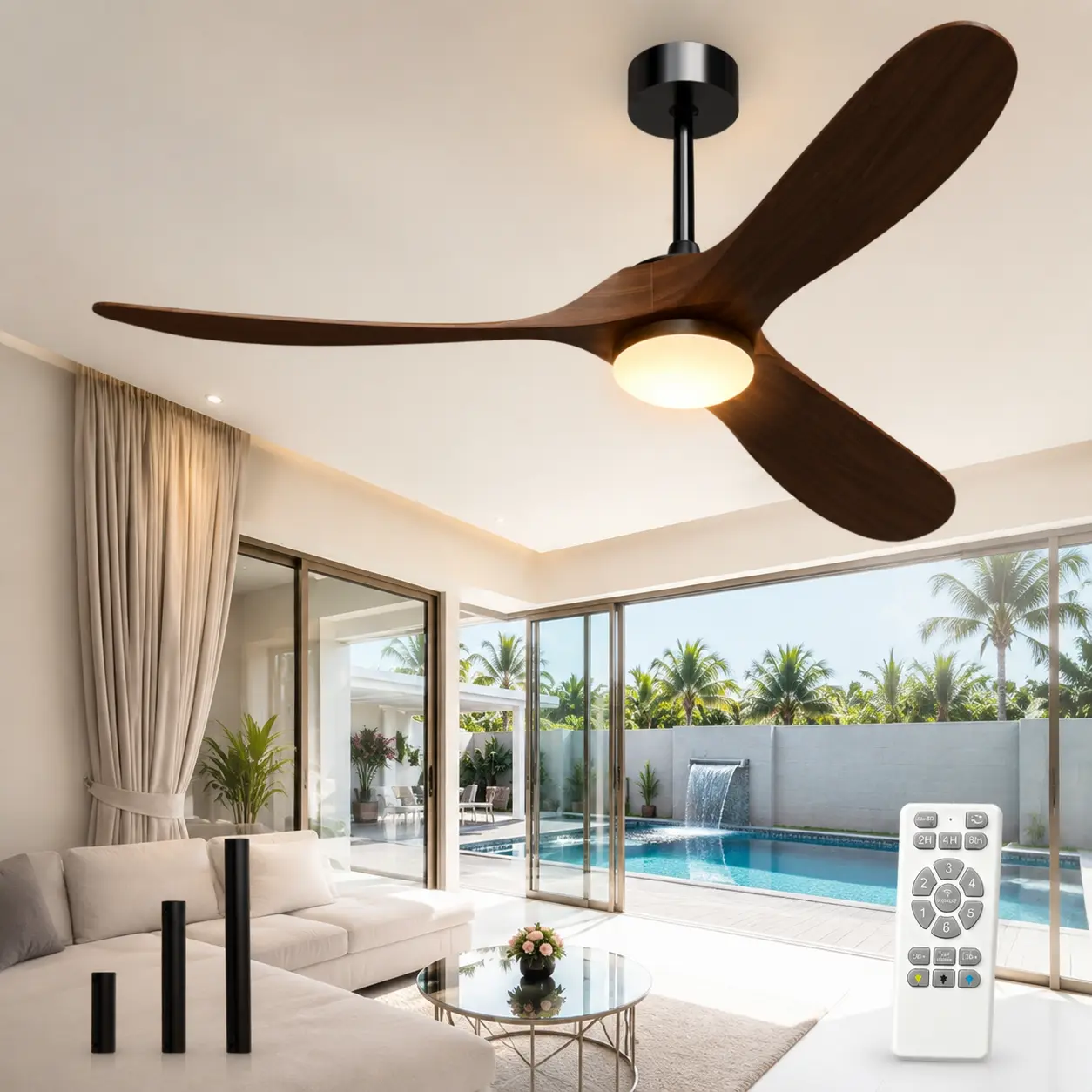 Intelligent LED solid wood ceiling fan: ultra quiet brushless DC motor, comfortable use all year round, APP and voice control, modern minimalist design, usable in living room and bedroom