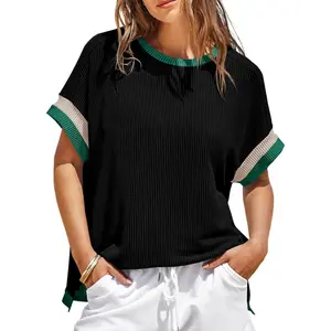 Imily Bela Womens Color Block Oversized Tops Trendy Casual Summer Textured Ribbed Knit T Shirts Loose Fit Short Sleeve Tshirts