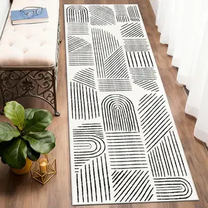 2x6 Runner Rug Washable,Mid Century Modern Abstract Non Slip Low Pile Runner Rug,White and Black Rug for Hallway Kitchen Entryway