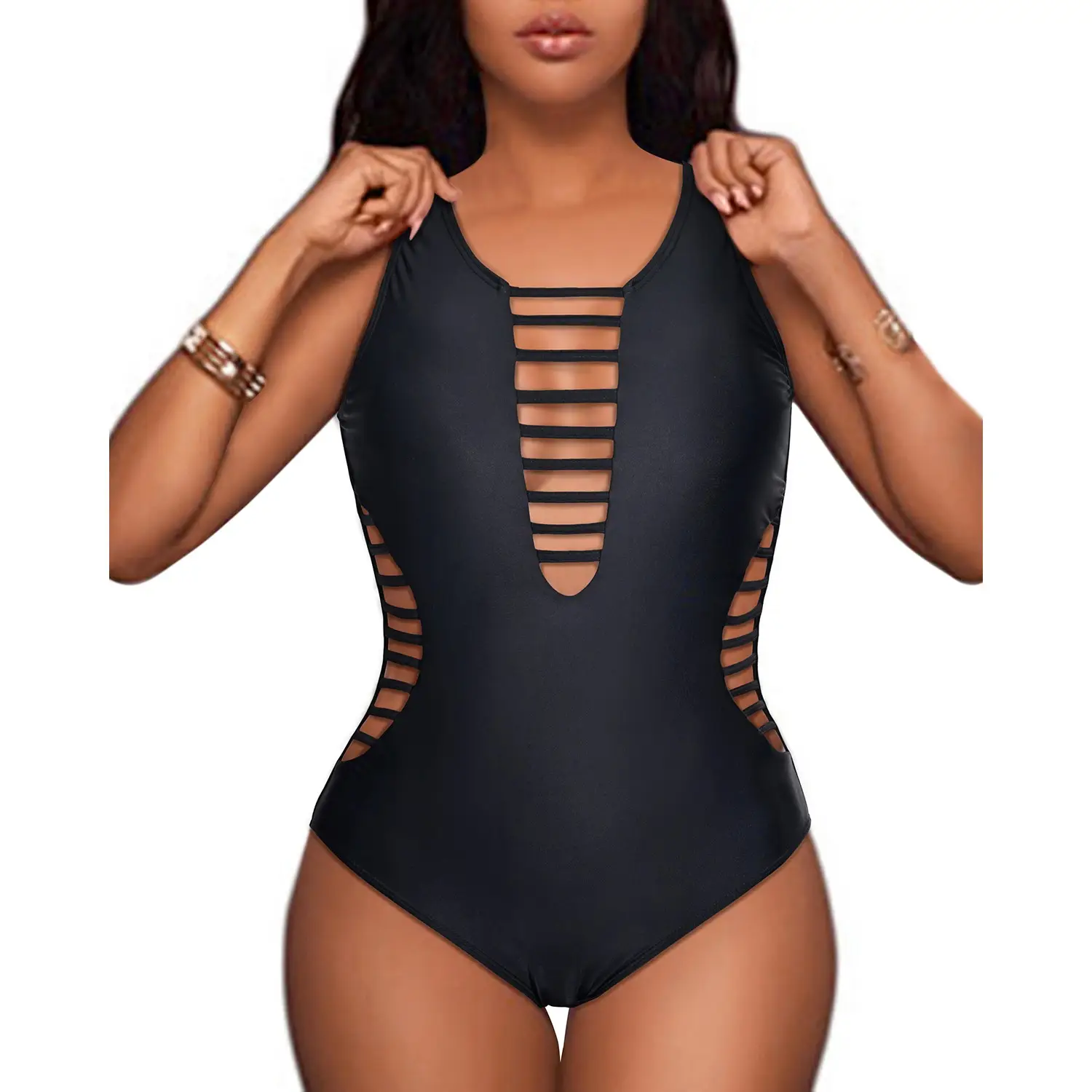 Aqua Eve Women Sexy One Piece Swimsuits Plunge Deep V Neck Cutout Bathing Suits