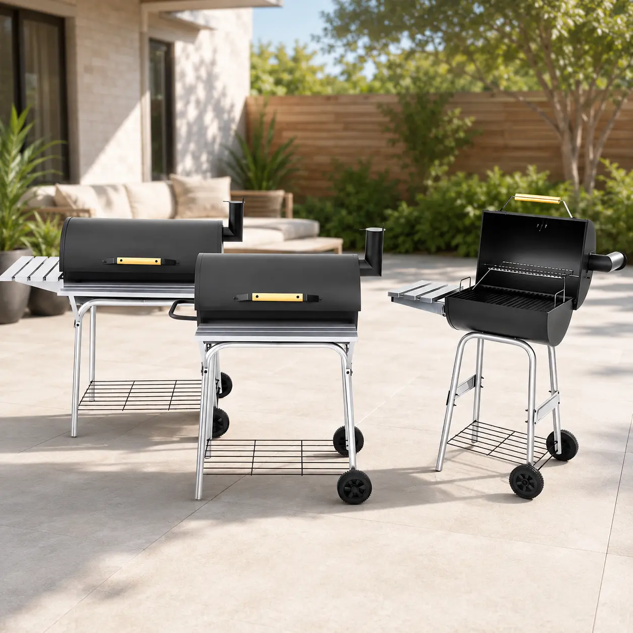 Charcoal Barrel Grill and Smoker, Heavy-Duty Cast Iron-Steel Outdoor BBQ with Portable Design, Wheels, Foldable Side Tables, Warming Rack, Adjustable Charcoal Pan, Thermometer & Adjustable Vent, for Patio Backyard
