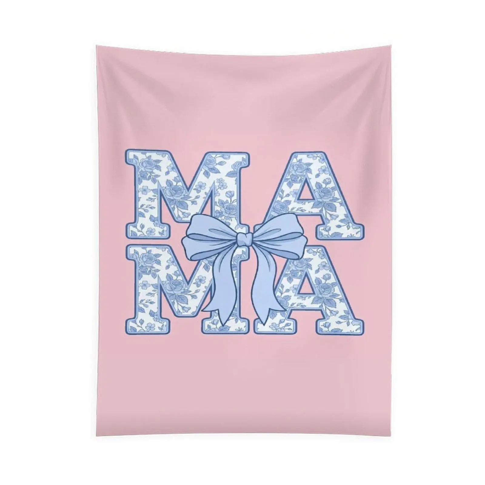 Mama Floral Bow Tapestry, Cute Pink Blue Coquette Mother's Day Wall Hanging for Mom Bedroom Home Decor
