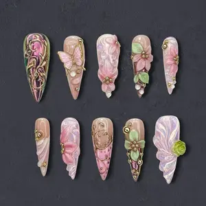 Fairycore Press-On Nails – 3D Roses, Gold Butterfly, Baroque Swirls