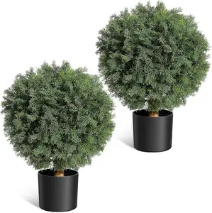 24'' Artificial Cedar Topiary Ball Trees with Potted Fake Cedar Plants, Decorative Fruit, 2 Pack for Front Door Porch, Garden Backyard Decor Room Wood Faux Leaf