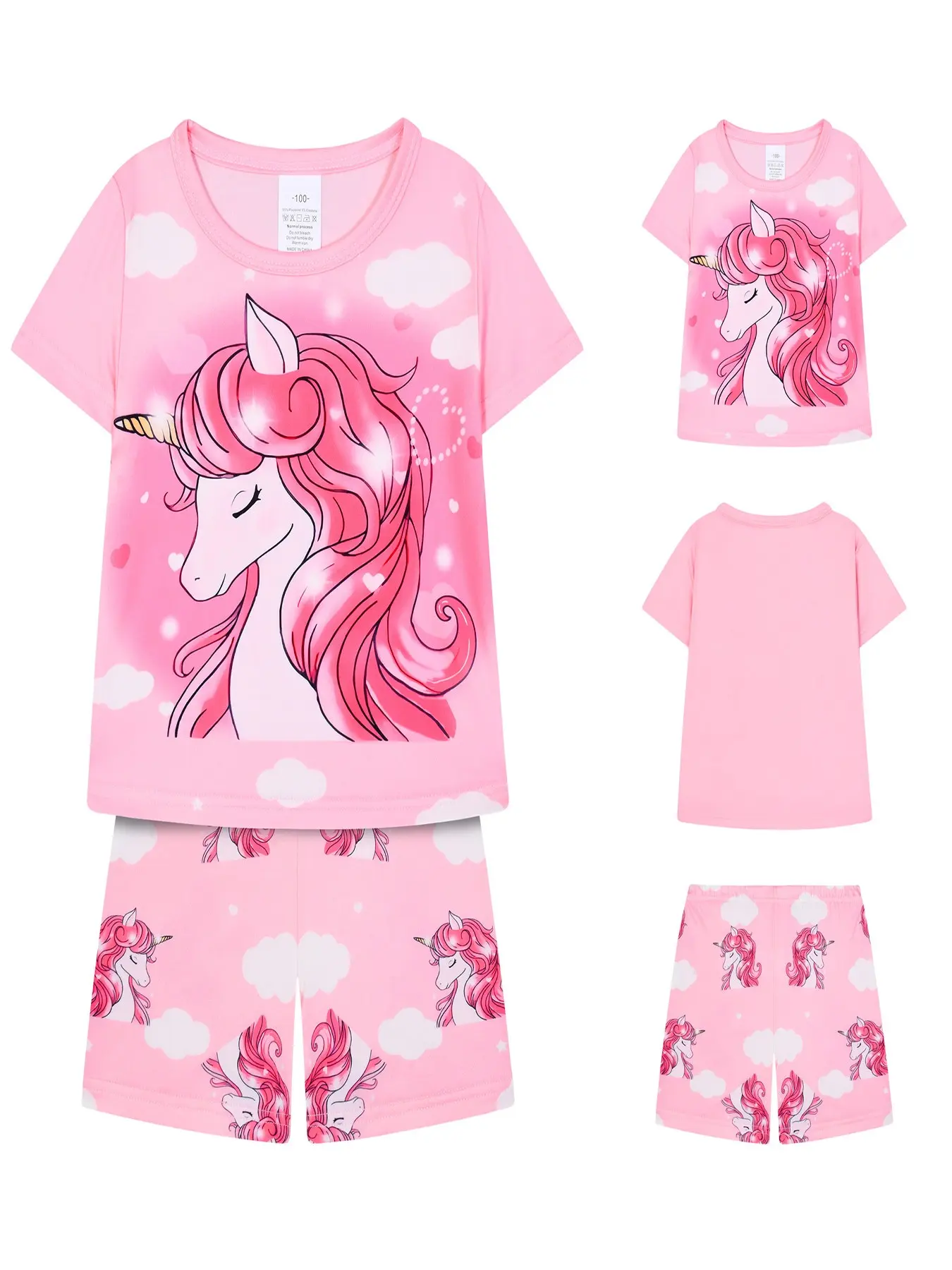Girls Pajama Set with Unicorn Print, Lightweight Comfortable Home Wear, Suitable for Ages 2-12, Casual Fitted H-Type Cartoon Pattern, Cartoon Print Sleepwear