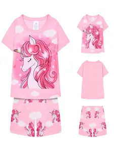 Girls Pajama Set with Unicorn Print, Lightweight Comfortable Home Wear, Suitable for Ages 2-12, Casual Fitted H-Type Cartoon Pattern, Soft Sleepwear, Sleepwear Outfits