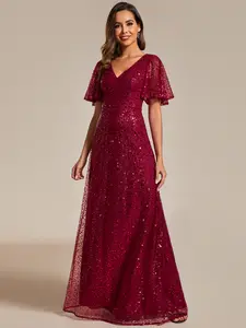 Ever-Pretty Shimmering All Over Sequin Short Sleeves A-Line Formal Evening Dress for Women - Womenswear & Workwear 02120 V Neck Floor Length Concealed Zipper Back - Shortsleeve